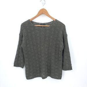 Eileen Fisher Organic Cotton Linen Knit Woven Top Green 3/4 Sleeve Beach Coastal